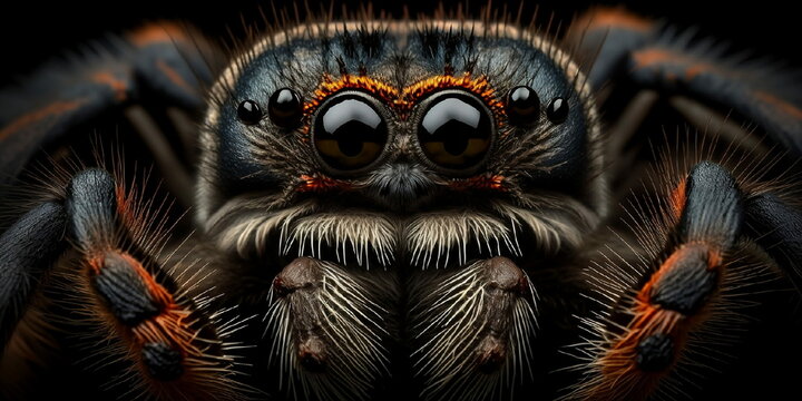 t&ecirc;te d'araign&eacute;e de type mygale en gros plan sur fond noir, format panoramique - illustration ia