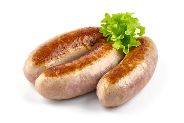 Grilled German Pork Sausages, munich sausage, isolated on white background.