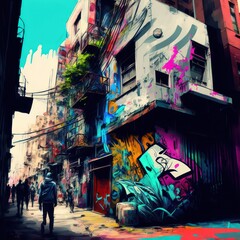 Urban graffiti, colorful street art, busy city streets, towering buildings, Generative AI