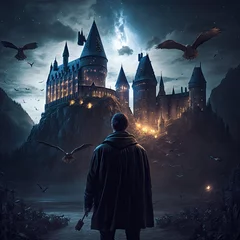 Wall murals Owl Cartoons Harry Potter standing in front of Hogwarts with owls flying around him