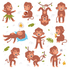 Funny happy baby monkey set. Cute African tropical animal cartoon character playing, sleeping and eating vector illustration