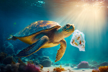 Naklejka na ściany i meble Turtle eat plastic bag - Plastic pollution in ocean - Generative AI