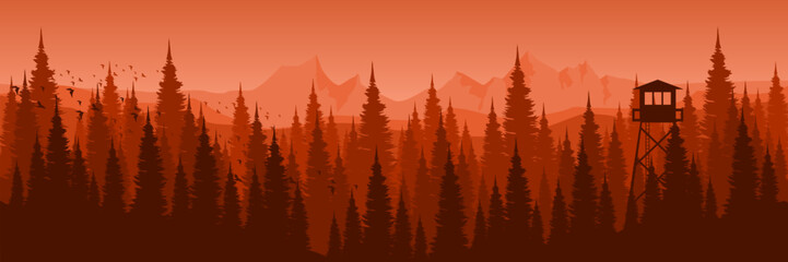 Fototapeta na wymiar mountain park with pine tree silhouette flat design vector illustration good for web banner, ads banner, tourism banner, wallpaper, background template, and adventure design backdrop