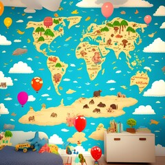 childrens retro world map with balloons and animals for digital printing wallpaper, custom design wallpaper - generative ai
