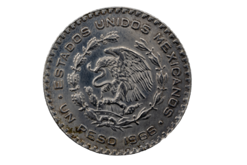 Anverso de la moneda de un peso de 1966, el escudo del águila devorando una serpiente, Estados Unidos Mexicanos 