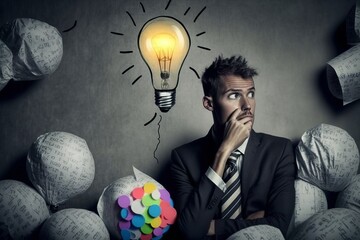 businessman thinking, light bulb above his head, Generative AI