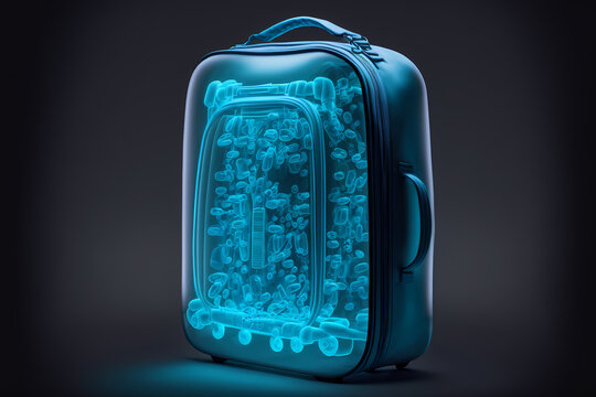 Security Xray Scan Of Bag With Smuggling Capsules Drugs In Airport. Concept Carriage Of Prohibited Items In Checked Baggage. Generation AI