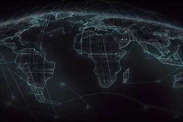 Digital overlay of the global map - map of the earth with digital overlay to represent global technology and digital trends