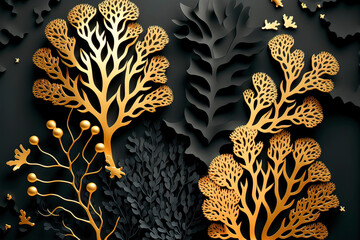 Gold and black patterns of the underwater flora, corals, luxurious background, cut out of paper. AI