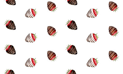 Seamless pattern with strawberries in chocolate. Valentine's Day. Watercolor isolated illustration on white background. For postcards, posters, textile design.