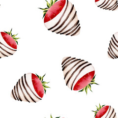 Seamless pattern with strawberries in chocolate. Valentine's Day. Watercolor isolated illustration on white background. For postcards, posters, textile design.