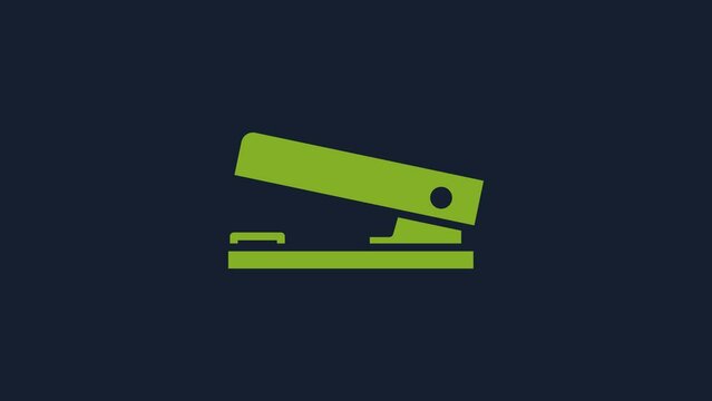 Yellow Office stapler icon isolated on blue background. Stapler, staple, paper, cardboard, office equipment. 4K Video motion graphic animation
