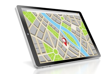 City map with location pin on a tablet - 3D illustration