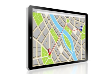 City map with market route by two pins on a tablet - 3D illustration
