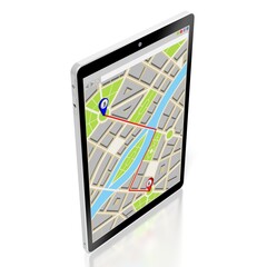 City map with market route by two pins on a tablet - 3D illustration