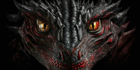 Fotobehang tête de dragon noire et rouge vu en gros plan sur fond noir - illustration ia © Fox_Dsign