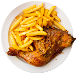 Appetizing baked chicken leg quarter with browned skin served with crispy fries for dinner. Isolated over white background