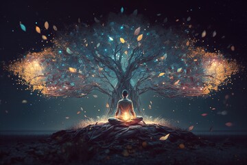Human sitting in a meditation position under a tree. Light Particles art