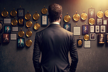 Ein erfolgreicher Mann steht vor einer Wand voller Auszeichnungen als Symbol für Erfolg, Generative AI
 - obrazy, fototapety, plakaty