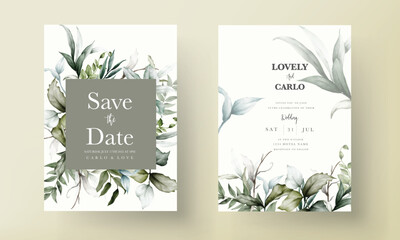 elegant vintage leaves watercolor wedding invitation card set