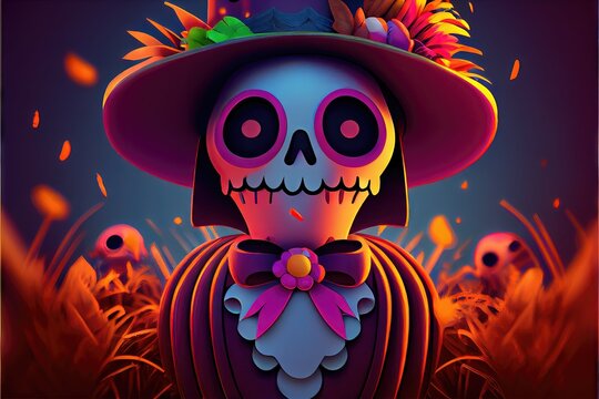 Generative AI 3D Rendered Calavera (Sugar Skull) in a traditional style for Dia de Los Muertos (Day of the dead). Flowers and skeleton also for Cinco de Mayo