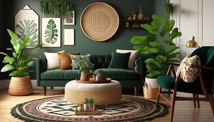 Chic boho living room with a velvet green sofa, woven rug, and plants in wicker baskets generative ai