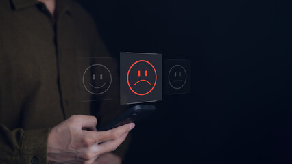 Unhappy Client with Sad Emotion Face on a smartphone screen, Experience dissatisfied, bad feedback...