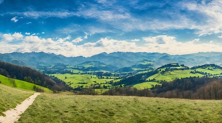 Fototapeta na wymiar Panoramic View of a Sunny Eastern European Countryside in Springtime