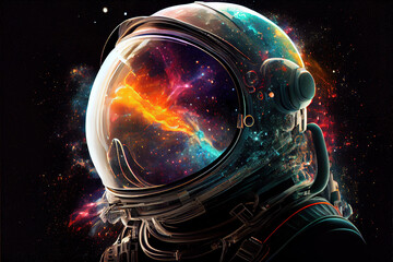 astronaut helmet, spaceman reflecting the colorful cosmos,galaxy and nebulae and stars,generative ai