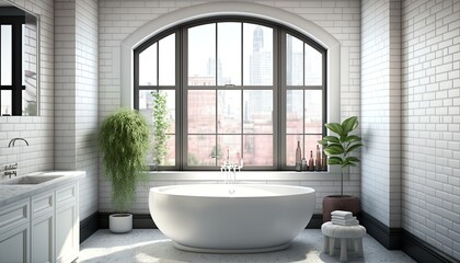 Fototapeta premium Luxury spa bathroom with a white freestanding bathtub, subway tile walls and a large window with a view generative ai