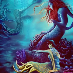 Digital painting of a mysterious underwater world with a strange-looking mermaid