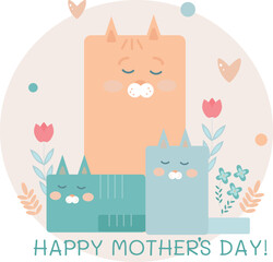 vector card happy mothers day with cute cats and flowers 