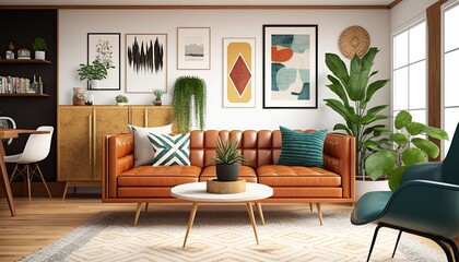 Mid-Century Modern Living Room with Tan Leather Sofa, Geometric Rug and Vintage Art Prints generative ai