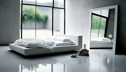 Minimalist Bedroom with White Platform Bed, Large Mirror and Concrete Floors generative ai
