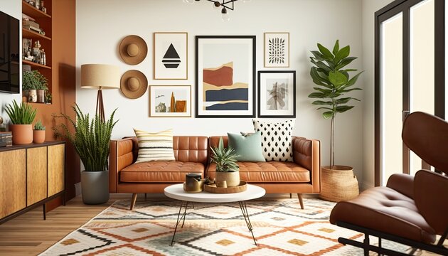 Mid-Century Modern Living Room with Tan Leather Sofa, Geometric Rug and Vintage Art Prints generative ai