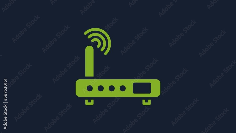 Poster yellow router and wi-fi signal icon isolated on blue background. wireless ethernet modem router. com