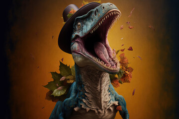 frightful T Rex dinosaur in a pilgrim outfit screaming in celebration of Thanksgiving and National Pumpkin Day. Generative AI