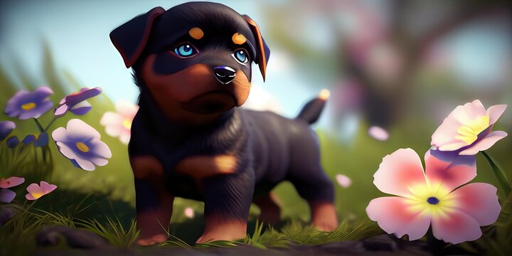 A 3D rendered computer-generated image of an adorable kawaii Rottweiler puppy playing outside and enjoying the weather.