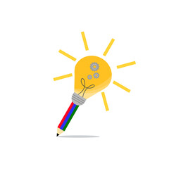 Pencil, Light bulb and gear logo design on blue background for education, teamwork, brainstorming, book cover or web design.