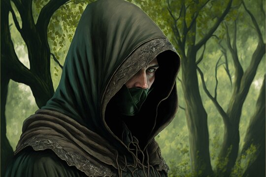 Green hooded archer with forest background. Generative AI
