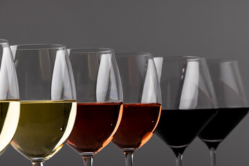 Glasses with red, rose and white wine on grey background, with copy space