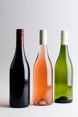 Bottles of red, rose and white wine on white background, with copy space