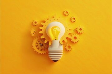 Illustration of light bulb with gears on yellow background, ideas concept. Generative AI