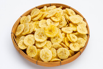 Banana slice chips on white background.