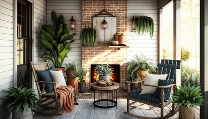 Fototapeta na wymiar Rustic Farmhouse Style Porch with Wicker Chairs, Hanging Plants and Stone Fireplace generative ai