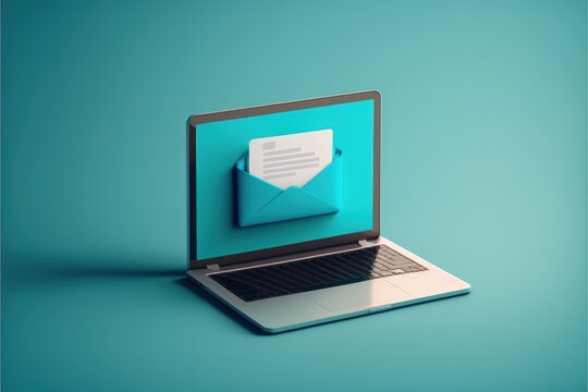 Email icon illustration on laptop screen, blue background. Generative AI