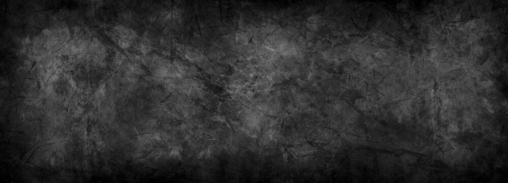 Dark black gray background dirty grimy distress ancient stone painted wall modern wallpaper texture abstract textured metal or vintage marbled paper with grunge border in banner website header design
