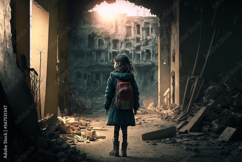 Wall mural Little girl returning to destroyed ruined home town after war. Illustration Generative AI