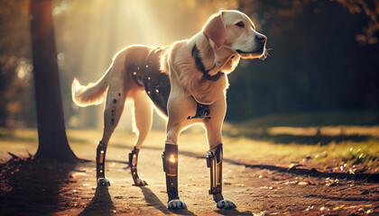 Dog with exo prosthesis legs and exoskeleton in park. Generative AI - obrazy, fototapety, plakaty