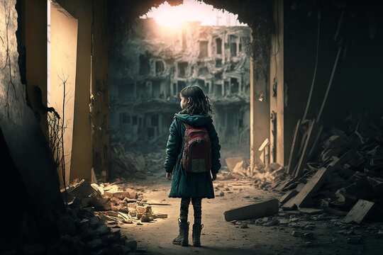 Little Girl Returning To Destroyed Ruined Home Town After War. Illustration Generative AI